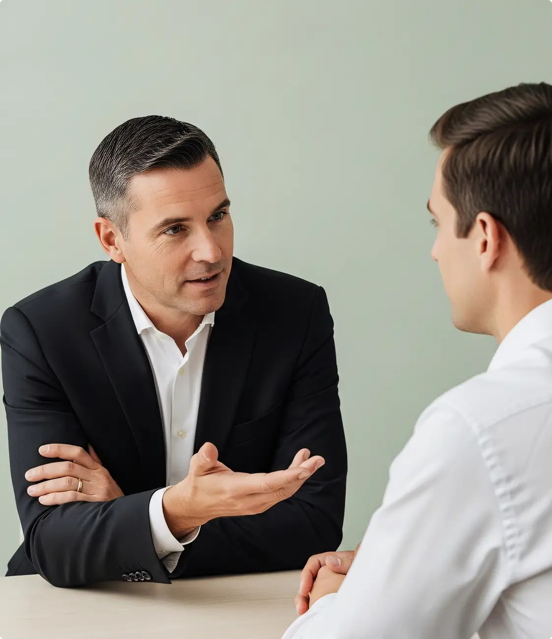 Two men having a serious conversation across a table, one in a black suit and the other in a white shirt.