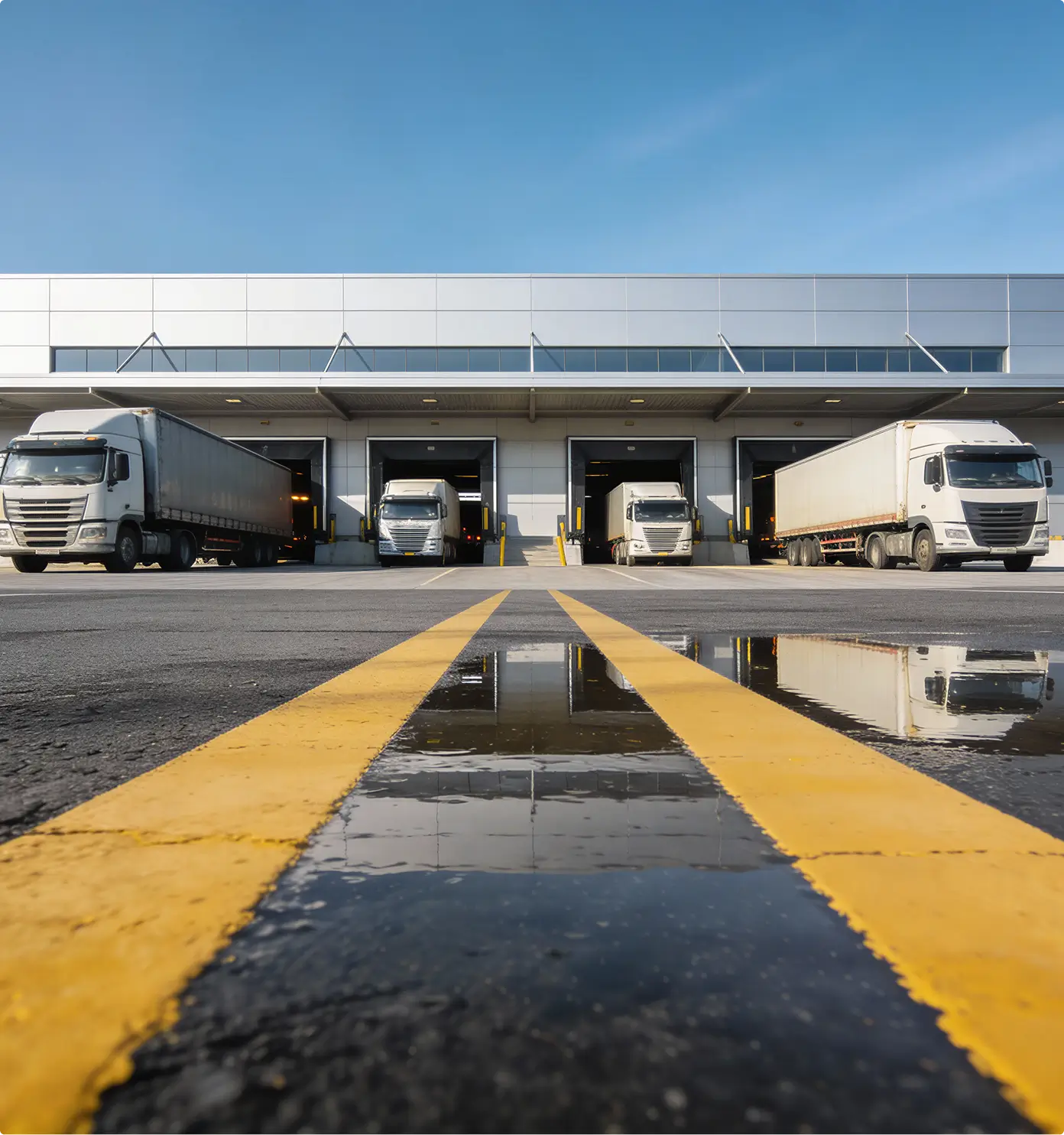 Four large white semi trucks parked at loading docks of a modern warehouse building under clear blue sky, with yellow road lines and puddles reflecting the trucks and building in the foreground.