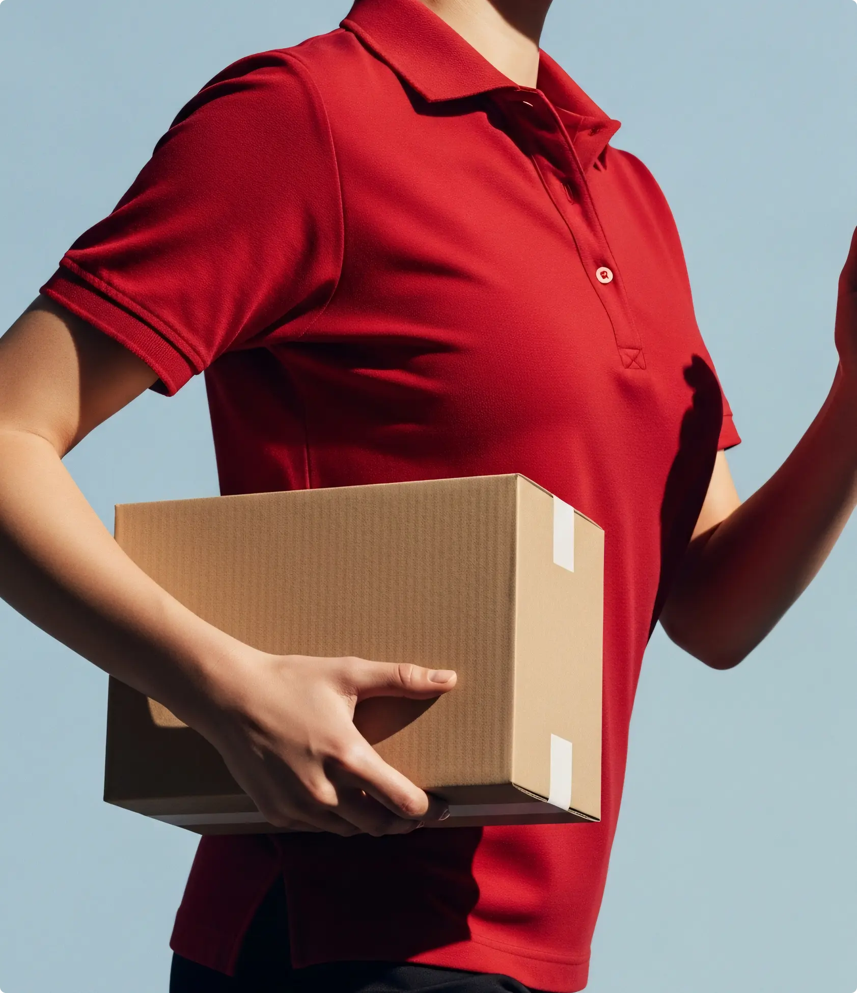 Person wearing a red polo shirt holding a sealed cardboard box against a clear blue sky background.