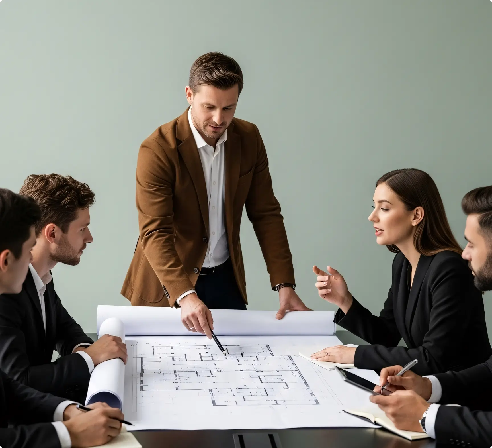 A man in a brown blazer standing and pointing at a rolled-out architectural blueprint while four people in business attire sit around the table attentively discussing the plans.