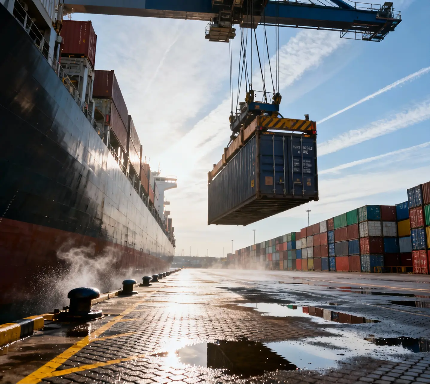 A shipping container is being lifted by a crane at a port next to a large cargo ship with stacks of containers on both the ship and the dock under a clear sky.