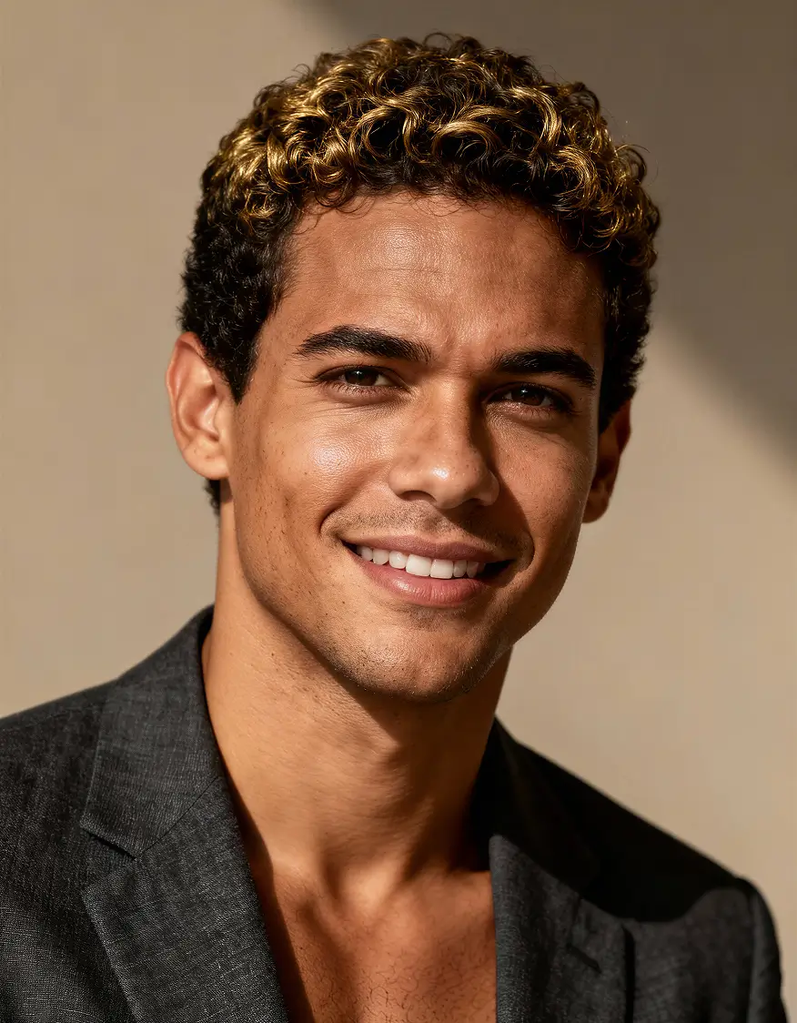Close-up of a smiling young man with curly hair highlighted blond, wearing a dark blazer and looking directly at the camera against a neutral background.