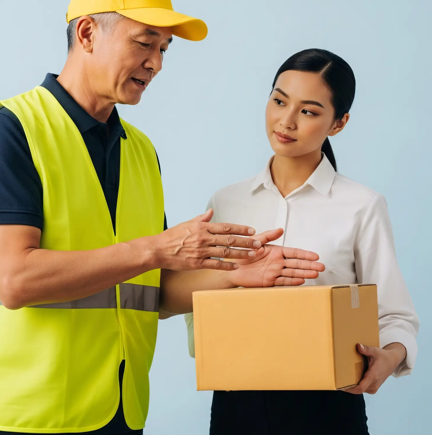 A delivery man in a yellow cap and reflective vest explaining something while gesturing with his hands to a woman holding a cardboard box, both standing against a light blue background.