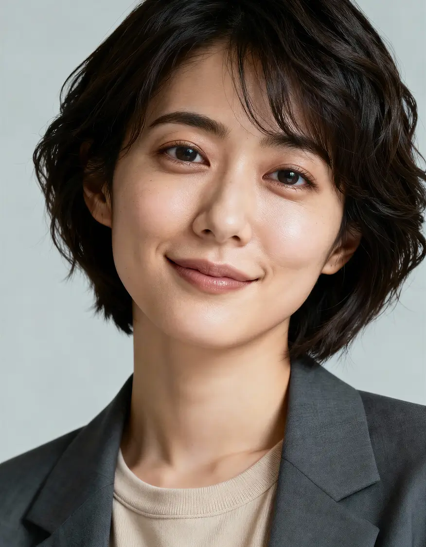 Close-up portrait of a smiling woman with short dark hair wearing a beige top and dark gray blazer against a neutral background.