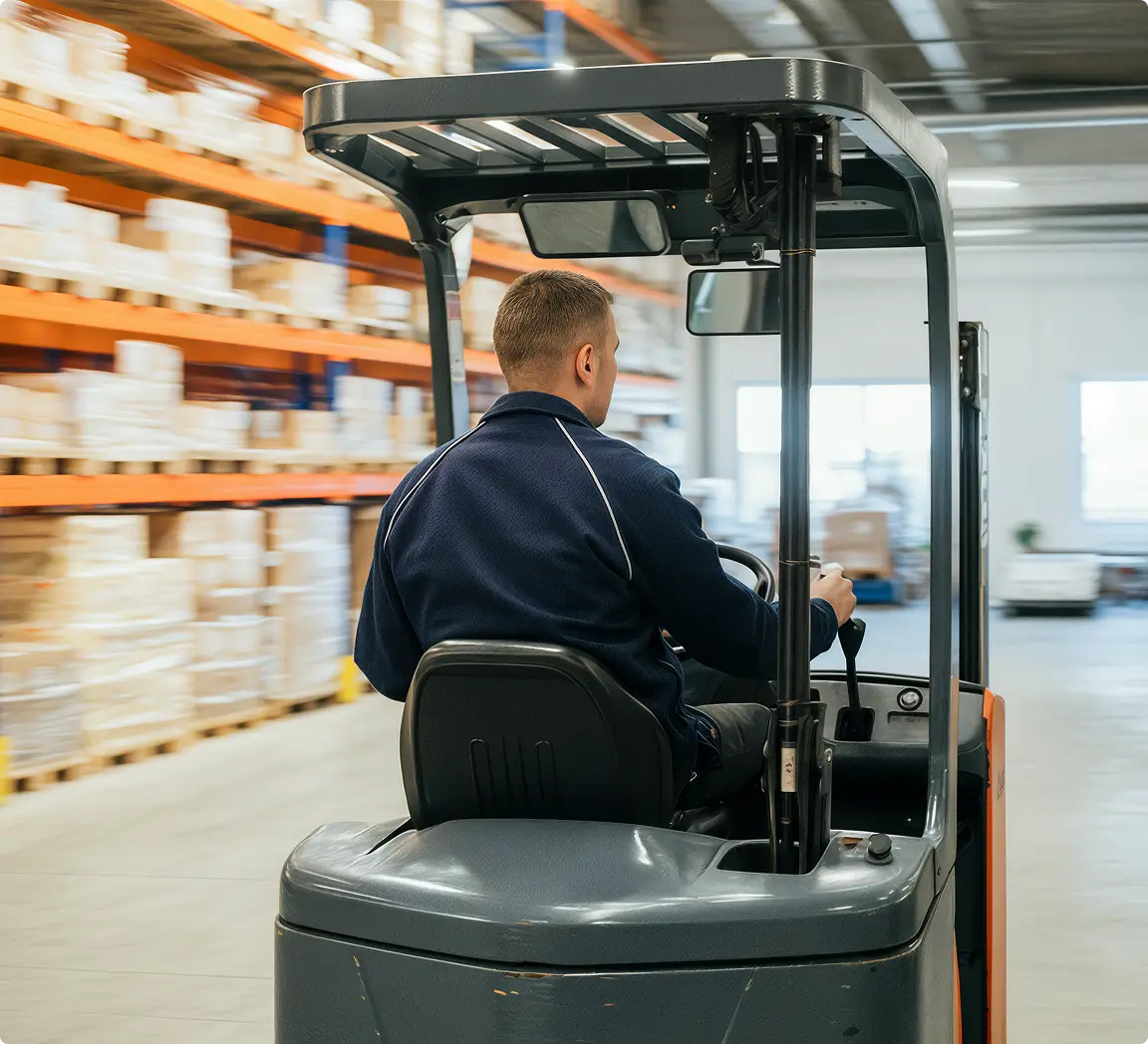 Man operating a forklift inside a warehouse with shelves stocked with boxes.