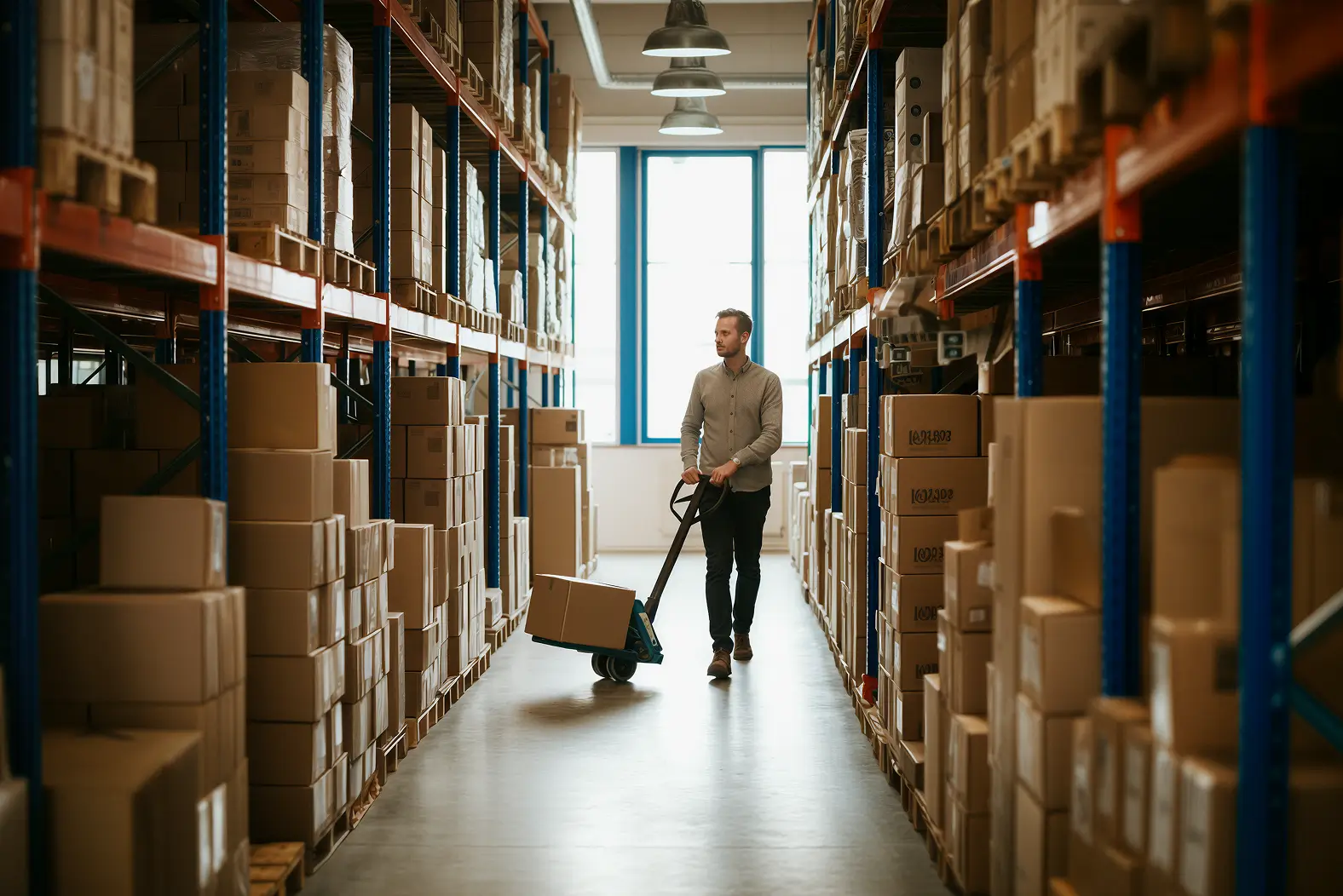 Man pushing a hand truck loaded with a cardboard box through an aisle in a warehouse filled with stacked cardboard boxes on industrial shelving.