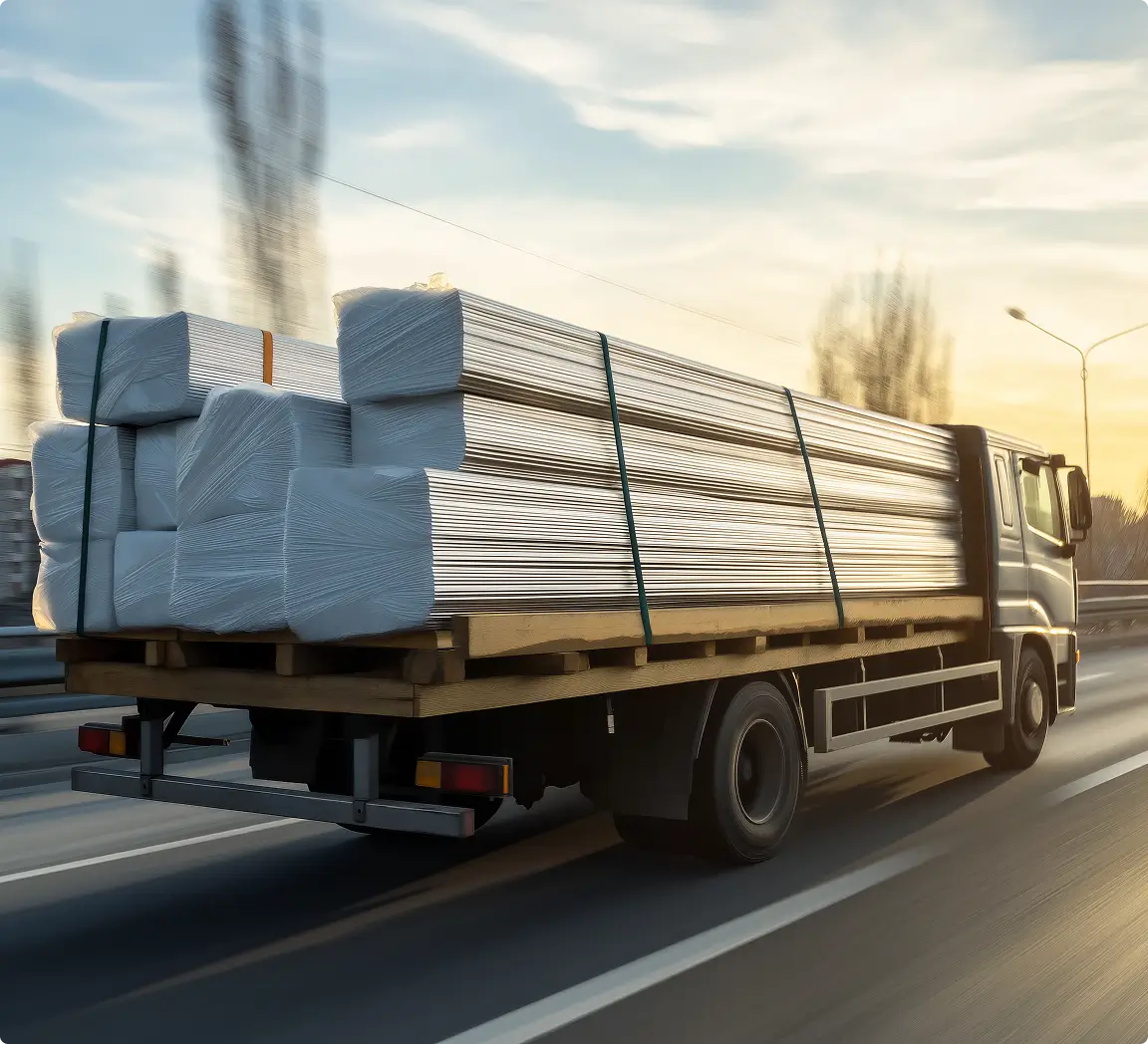 Flatbed truck carrying large stacks of wrapped lumber or panels secured with straps, driving on a road at sunset.