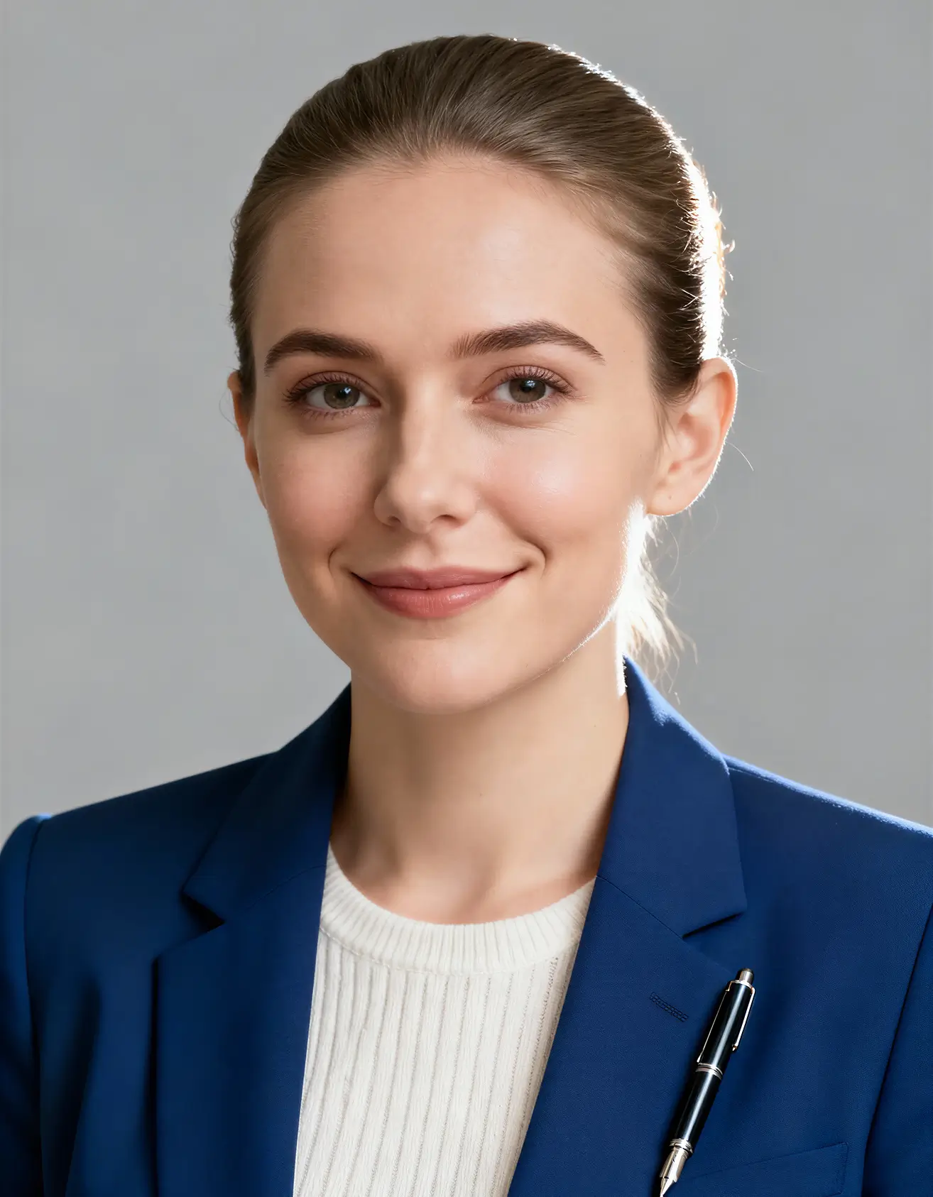 Smiling young woman with light brown hair tied back, wearing a blue blazer over a white ribbed sweater, with a pen clipped to her blazer pocket, against a plain gray background.