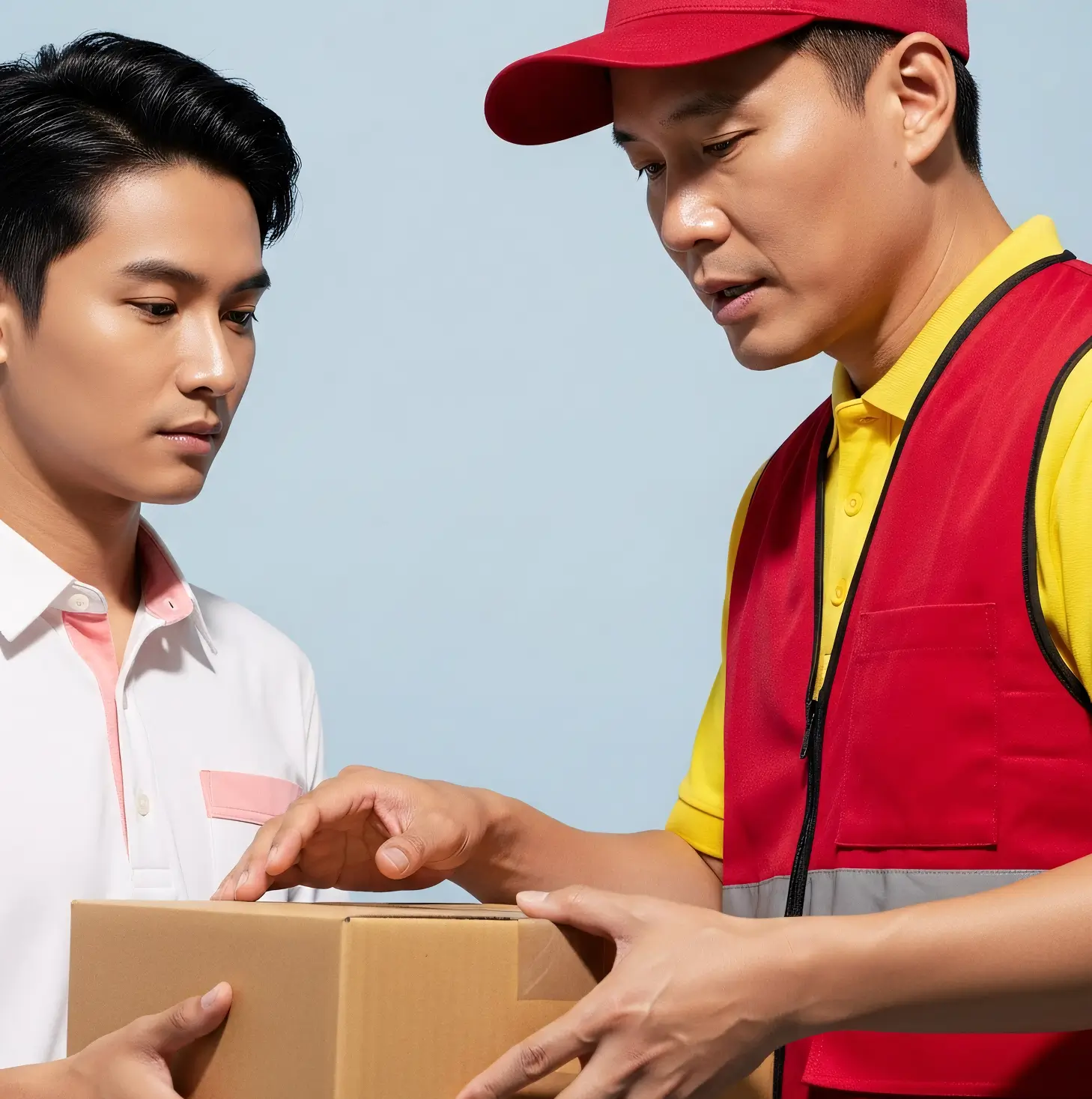 Delivery person in a red cap and vest handing a cardboard box to a young man in a white shirt with a pink collar and pocket, both focused on the package.