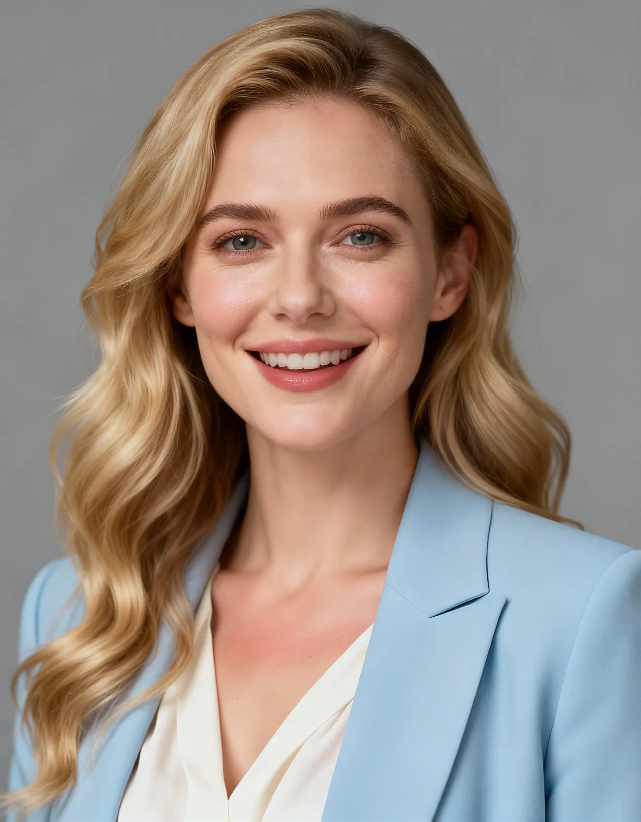 Smiling blonde woman with wavy hair wearing a light blue blazer and white blouse, against a gray background.