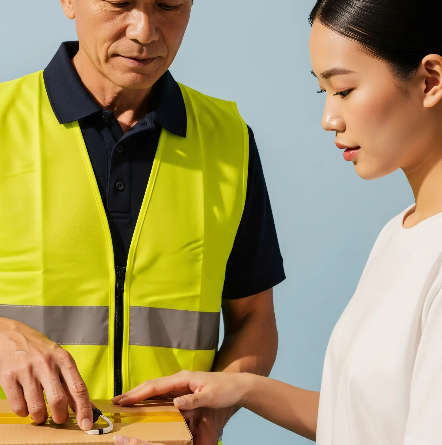 A delivery worker in a yellow safety vest hands a package to a woman wearing a white shirt, both looking at the package.