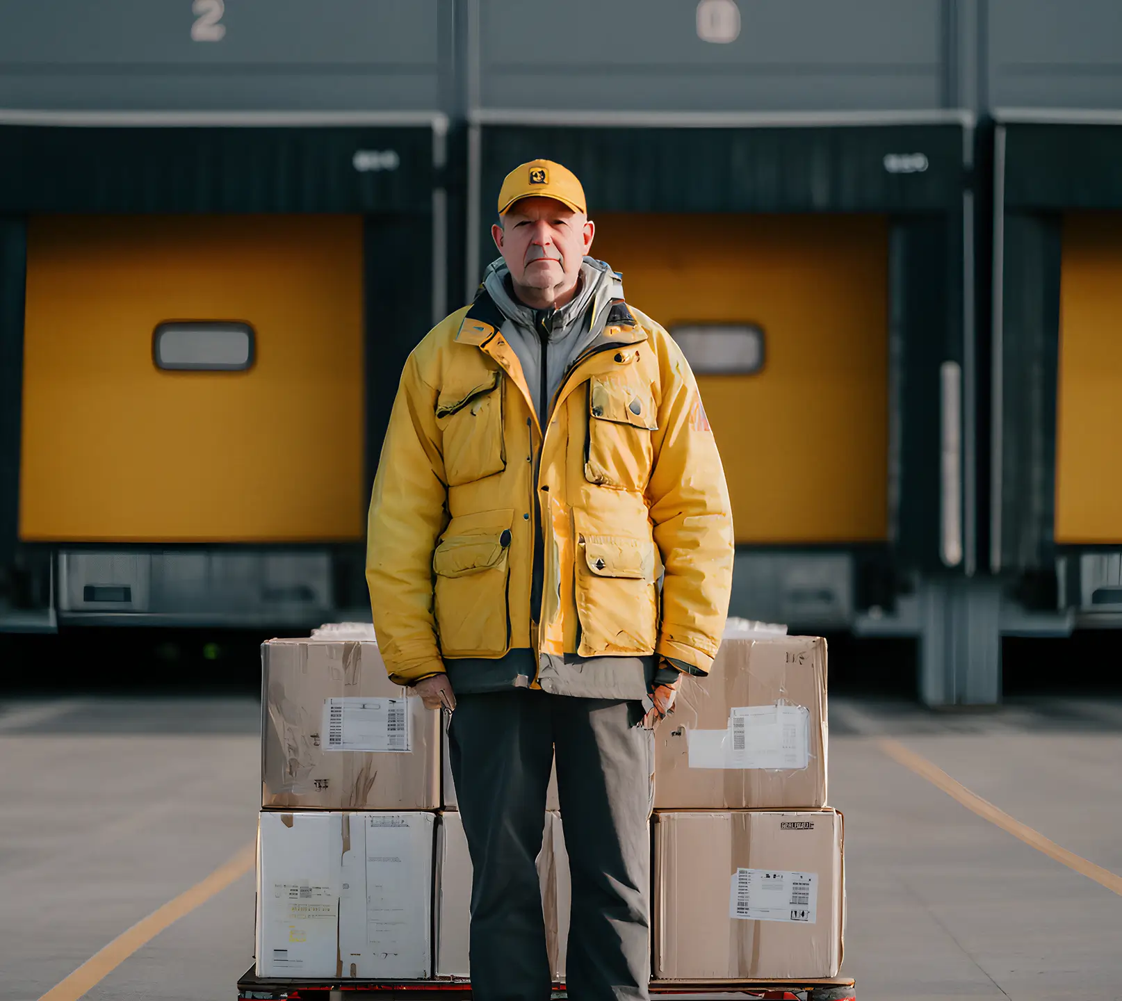 A delivery man wearing a yellow jacket and cap standing in front of a pallet with cardboard boxes at an industrial loading dock with closed yellow doors.