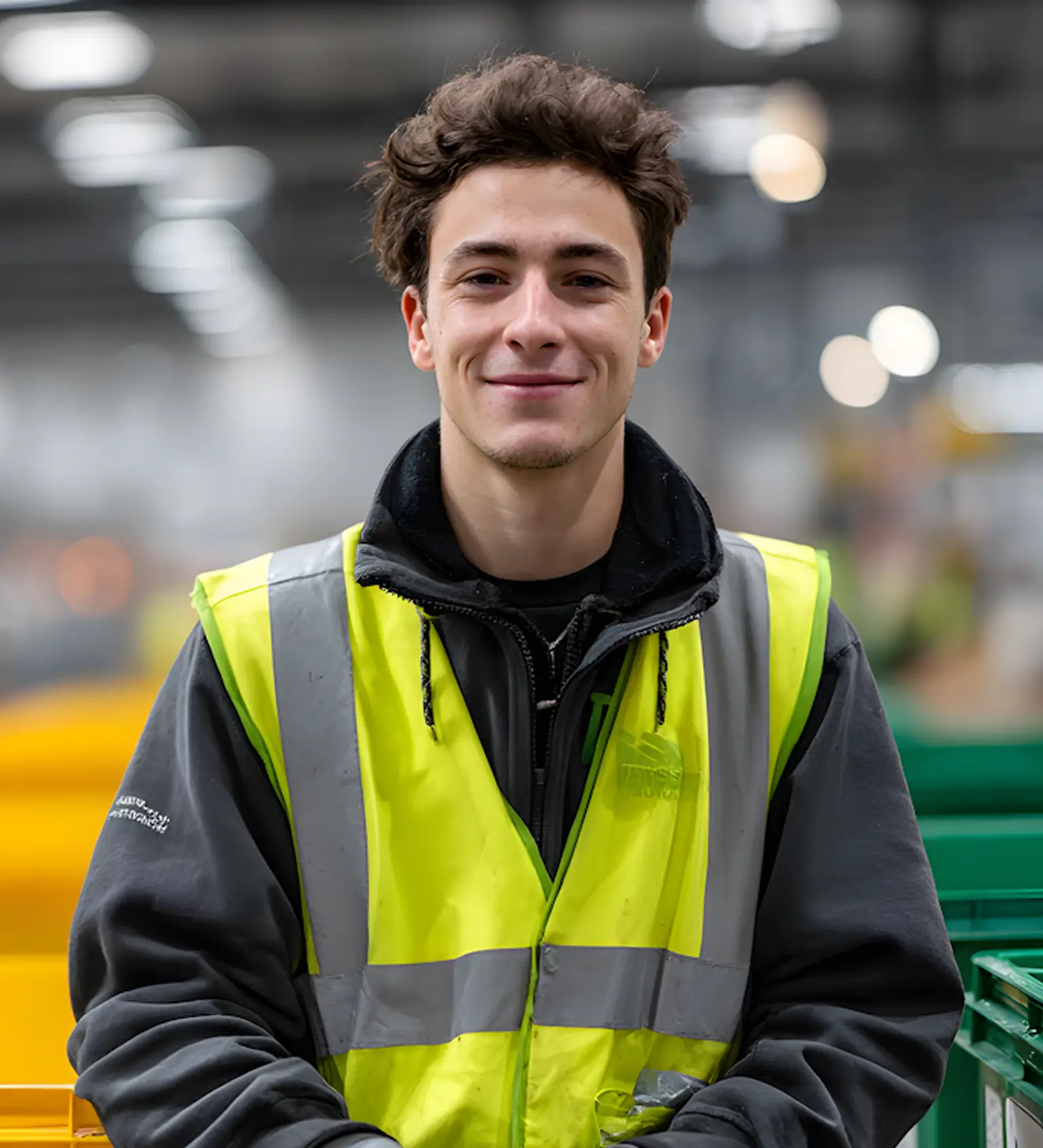 Young man with short curly brown hair wearing a yellow reflective safety vest over a black jacket, smiling in an indoor industrial or warehouse setting with blurred background and green and yellow containers.