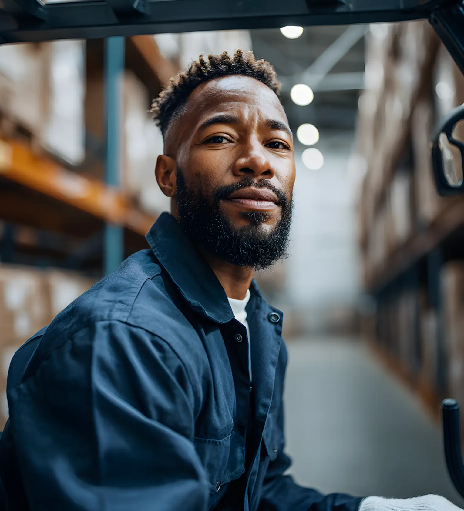 Bearded man wearing a dark blue work jacket sitting inside a warehouse aisle with shelves and boxes in the background.