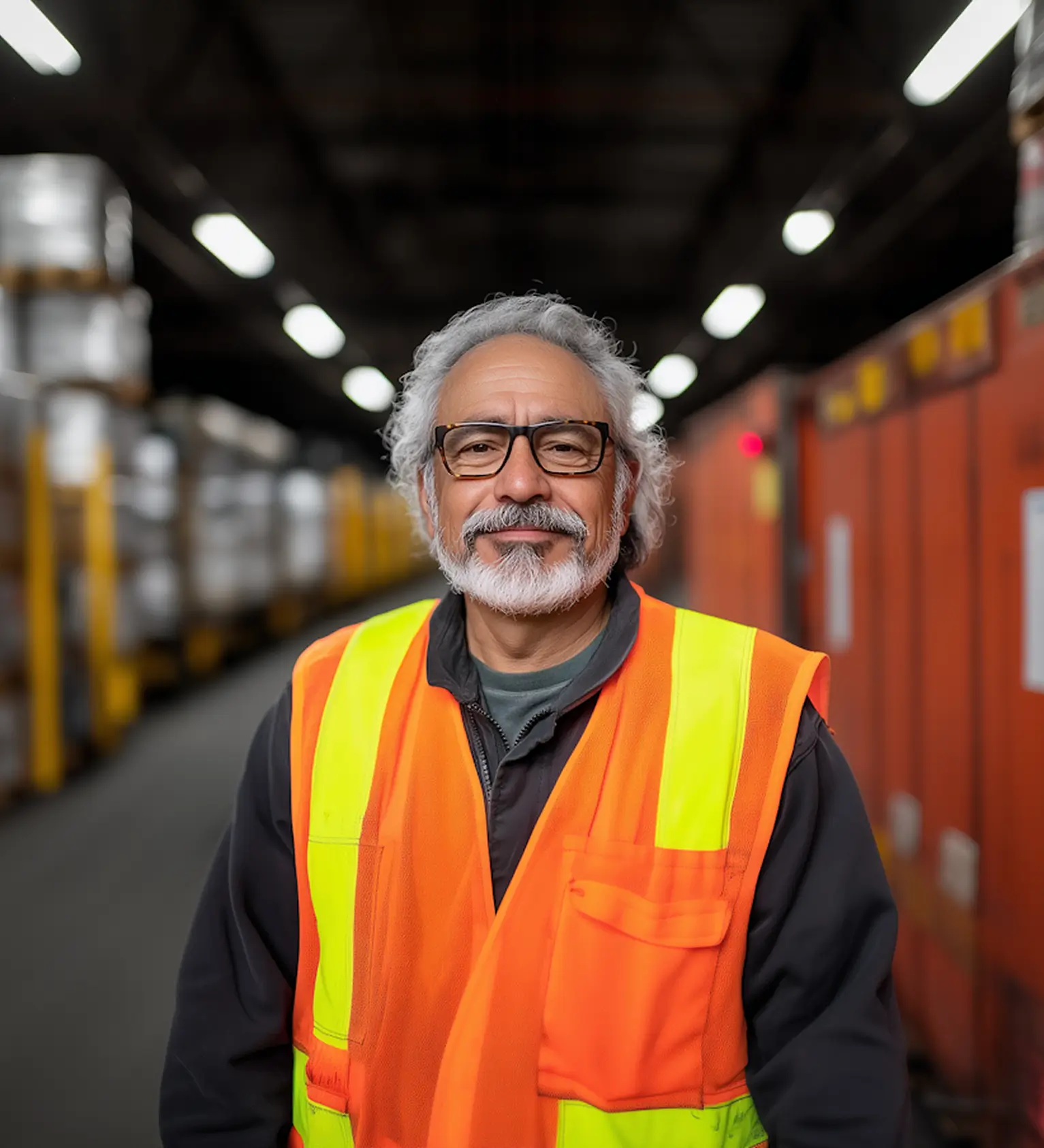Smiling older man with gray hair and beard wearing glasses and a bright orange and yellow safety vest inside a warehouse.