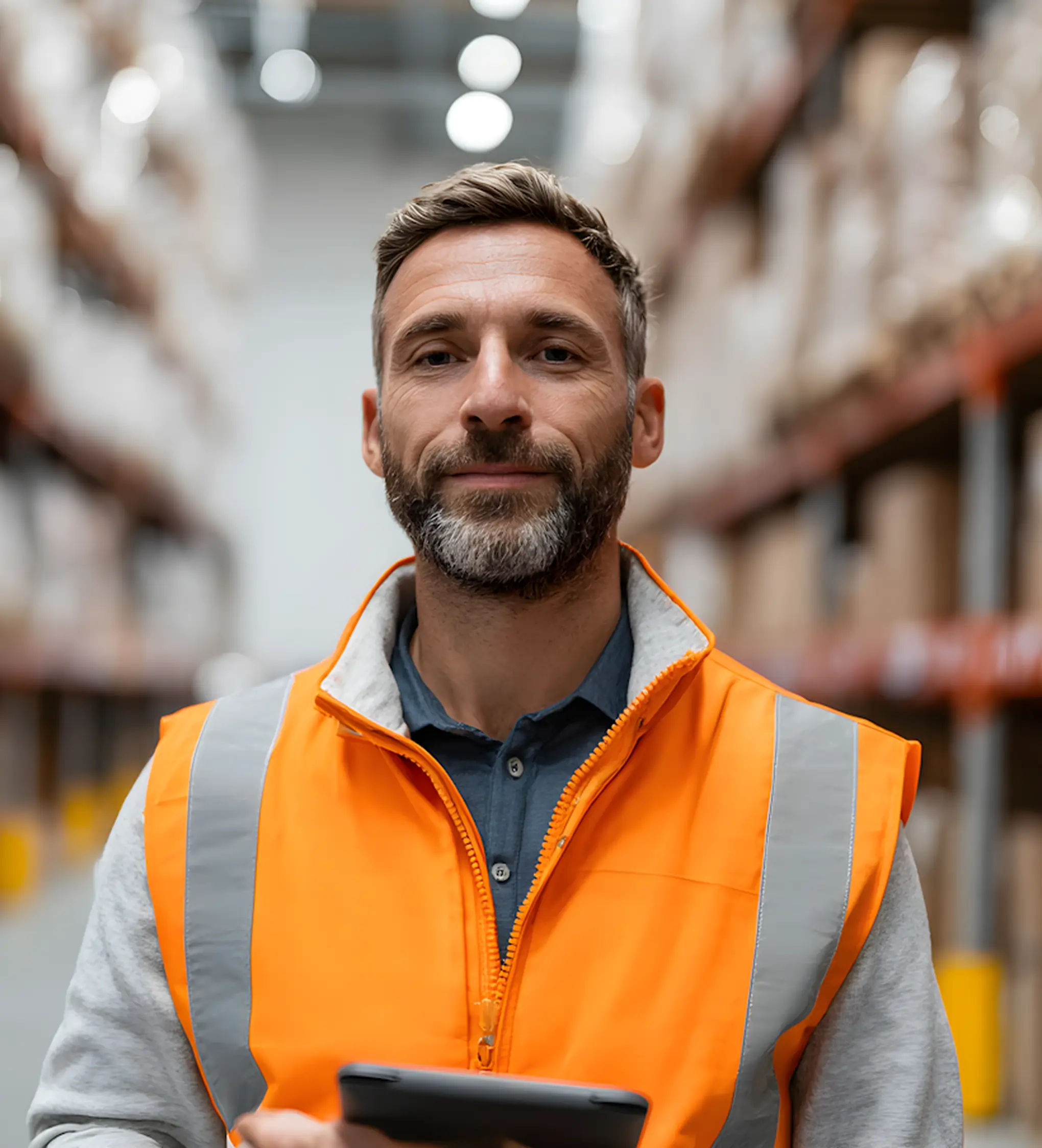 Middle-aged man with beard wearing an orange safety vest over a gray sweatshirt holding a tablet in a warehouse aisle.