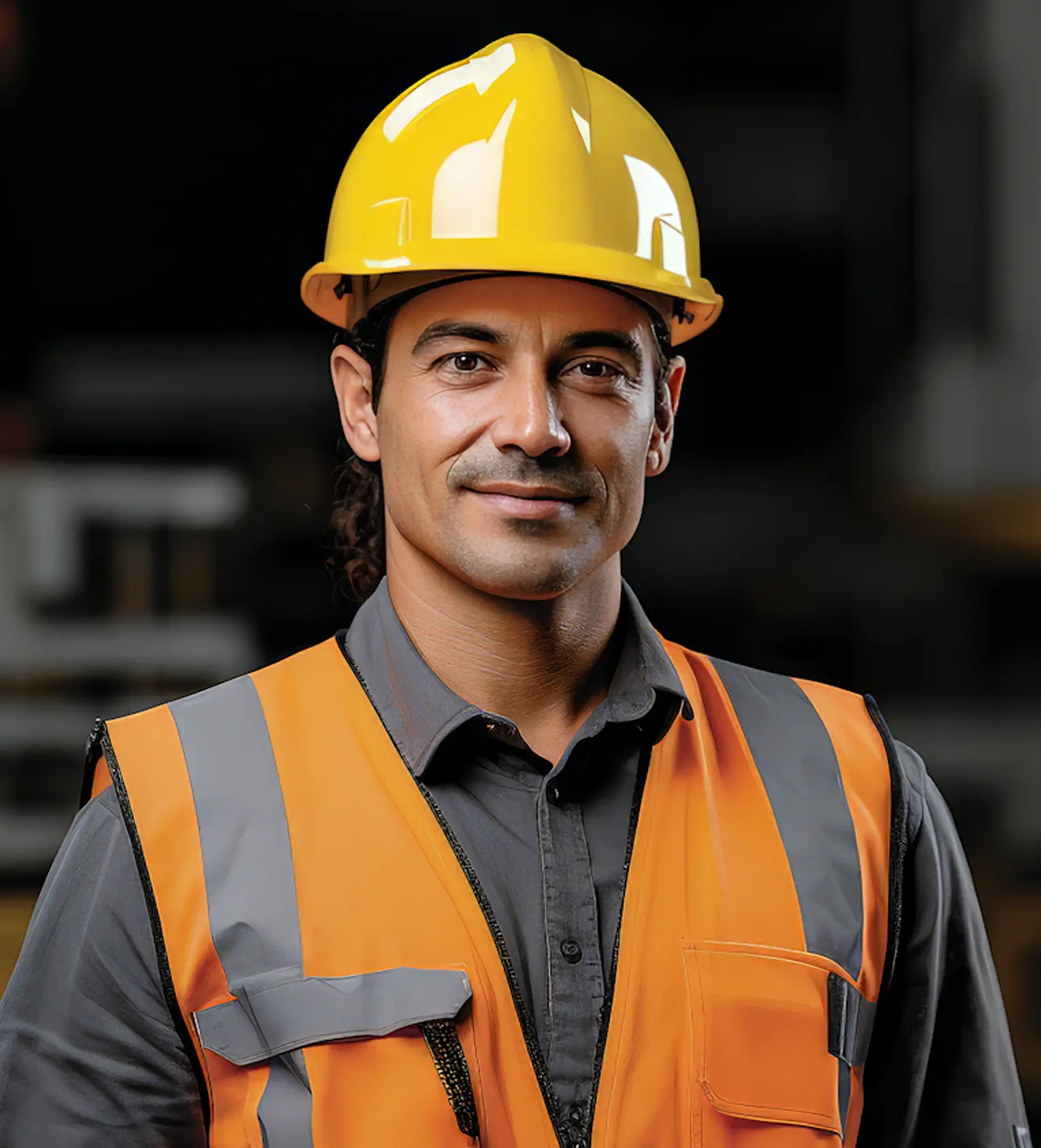 Portrait of a construction worker wearing a yellow hard hat and orange reflective safety vest over a gray shirt, against a dark blurred background.