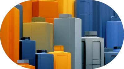 Assorted suitcase shapes and sizes arranged together in shades of blue, gray, and orange with rounded top corners.